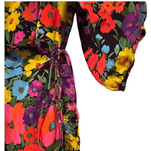Les Rêveries Puff Sleeve 100% silk bright floral Wrap Top made in USA - Picture 4 of 8